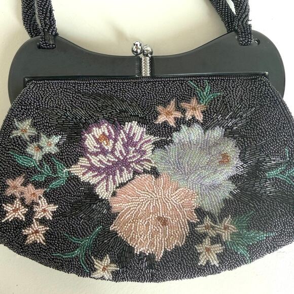 Vintage Black Floral Beaded Evening Bag Retro Glam 1950s Art Deco Collectible - Picture 8 of 8